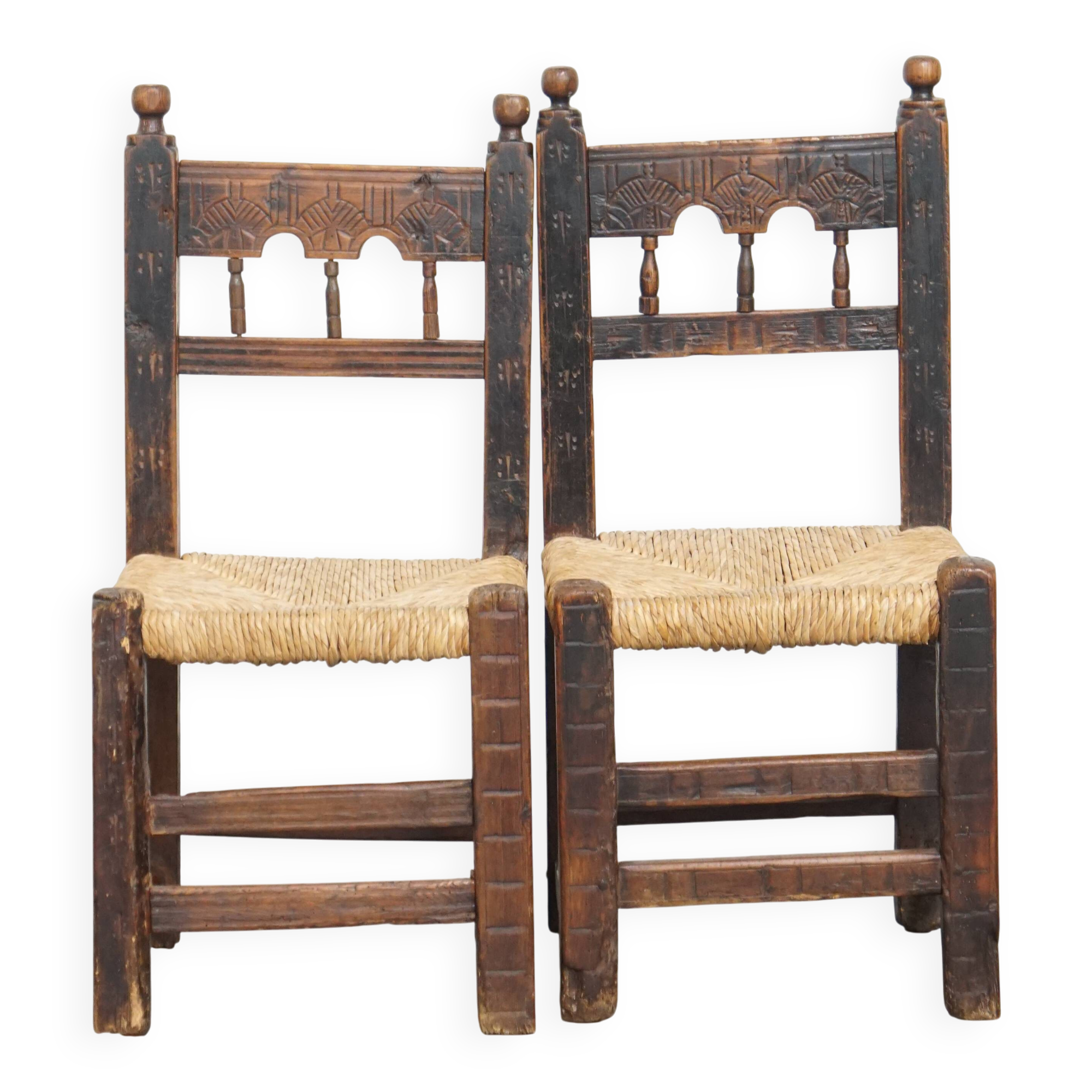 Antique Spanish Country Chairs with Woven Rush Seats