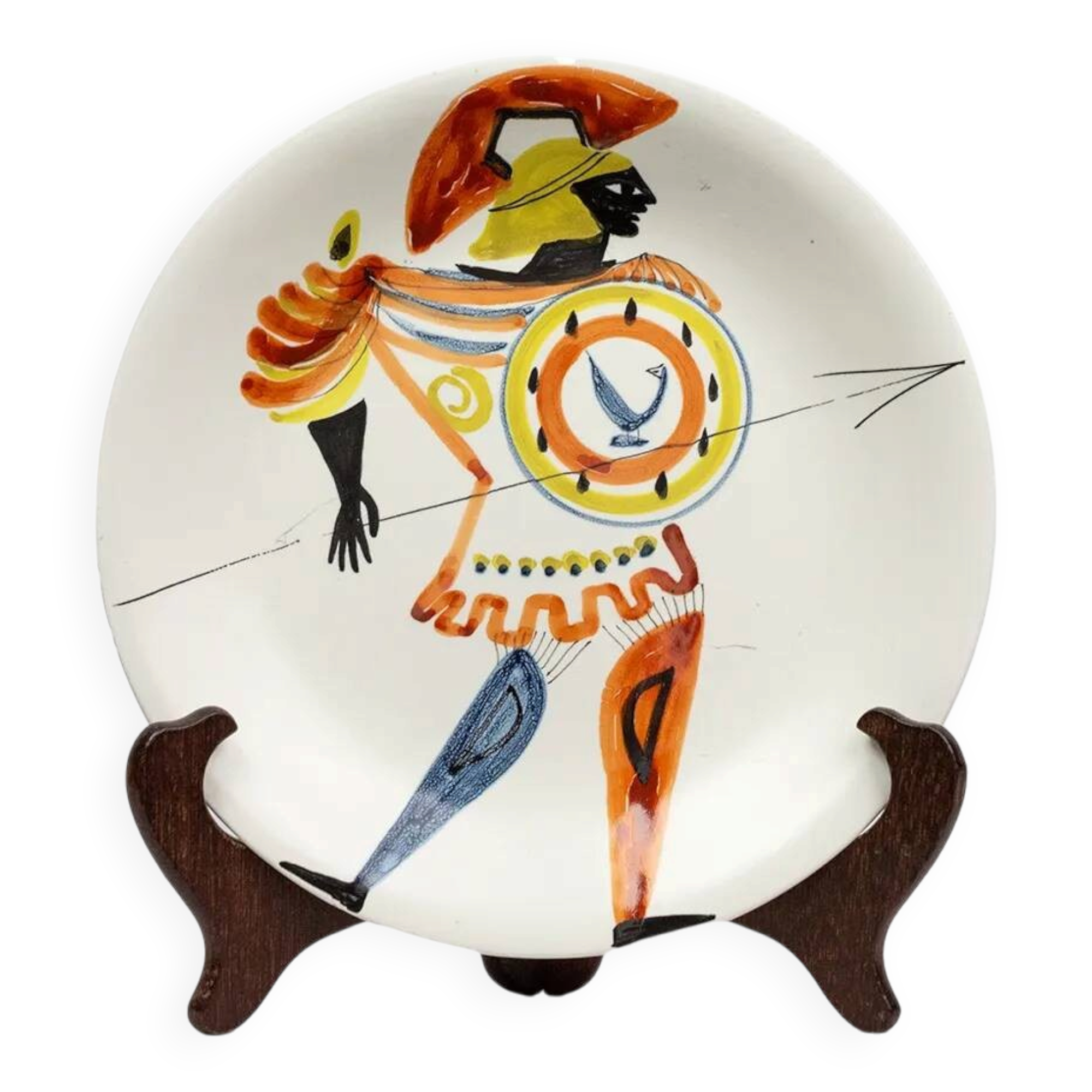 Assiette au guerrier antique — Roger Capron, Vallauris, vers 1955–1960