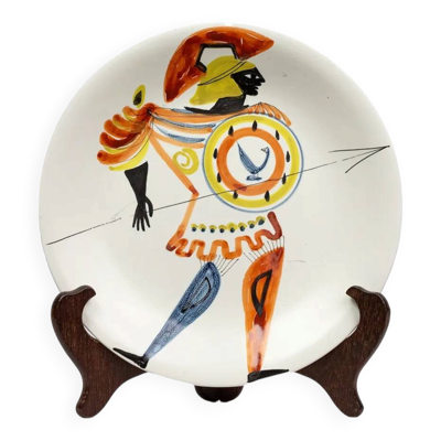 Assiette au guerrier antique — Roger Capron, Vallauris, vers 1955–1960