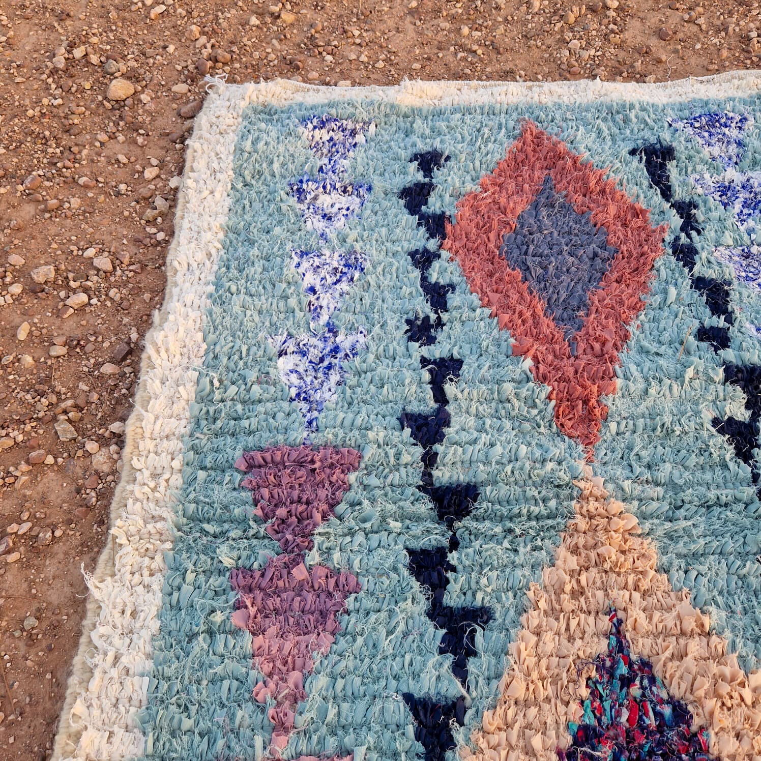 Moroccan Berber carpet Boucherouite light blue