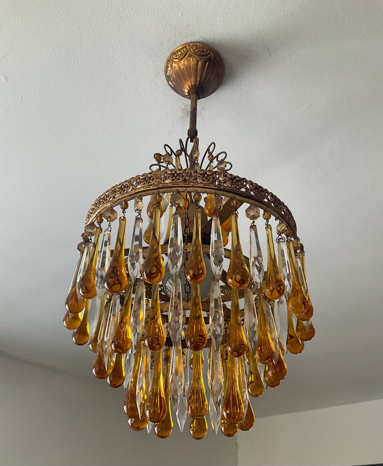Vintage chandeliers with amber glass tassels and drops
