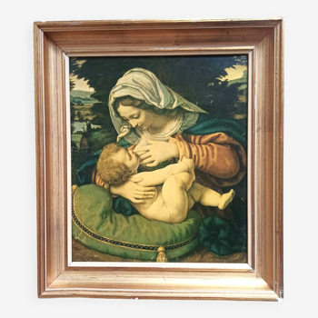 Painting gilded frame with reproduction Virgin with cushion