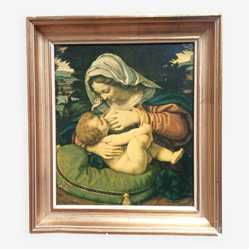 Tableau cadre doré avec reproduction Vierge au coussin