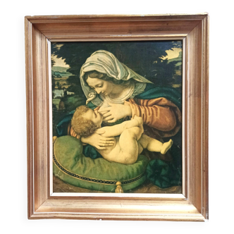 Painting gilded frame with reproduction Virgin with cushion