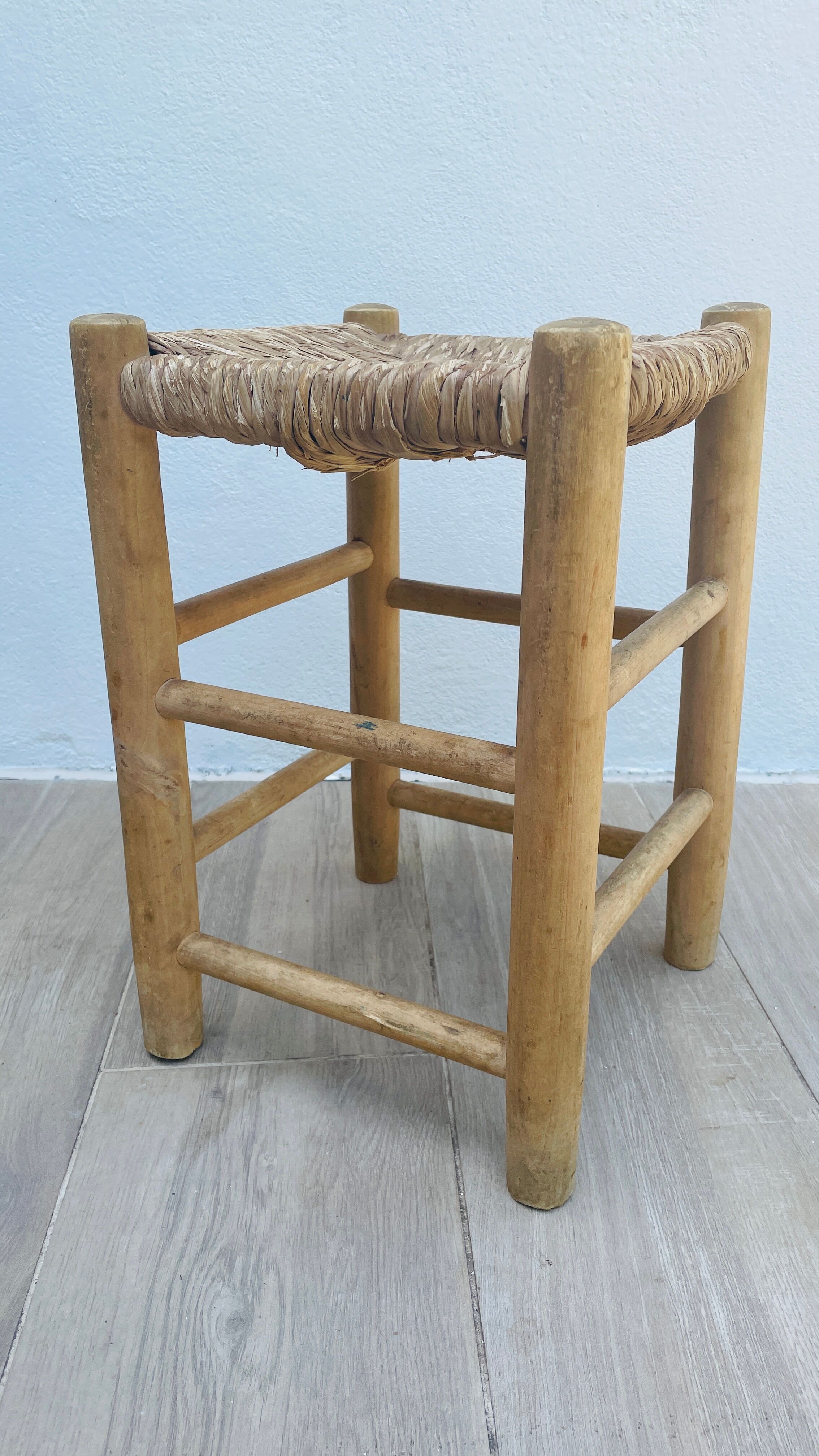 Wooden and straw stool vintage bohemian spirit