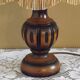French Mid Century Round Turned Wood Table Lamp Cream Fringed Shade 5573