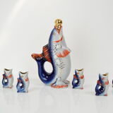 Fish decanter soviet drinking set porcelain fish carafe shots glass,1950's.