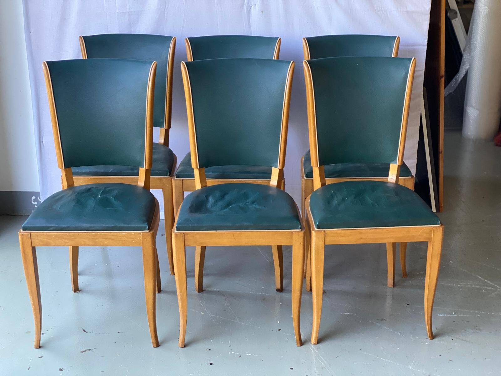 6 vintage dining chairs in solid wood and blue green leather