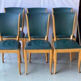 6 vintage dining chairs in solid wood and blue green leather