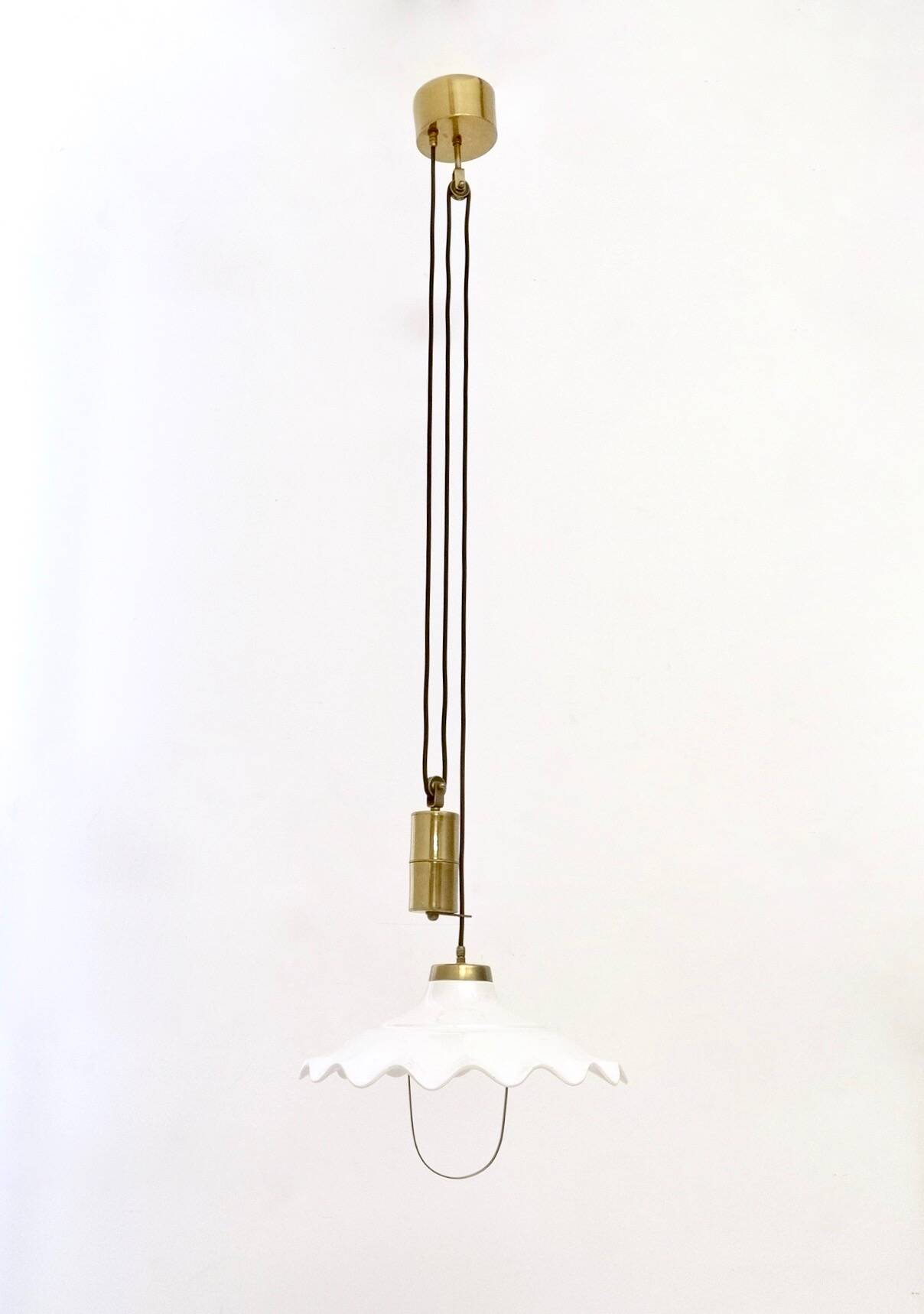 White Ceramic and Brass Adjustable Pendant Lamp, Italy