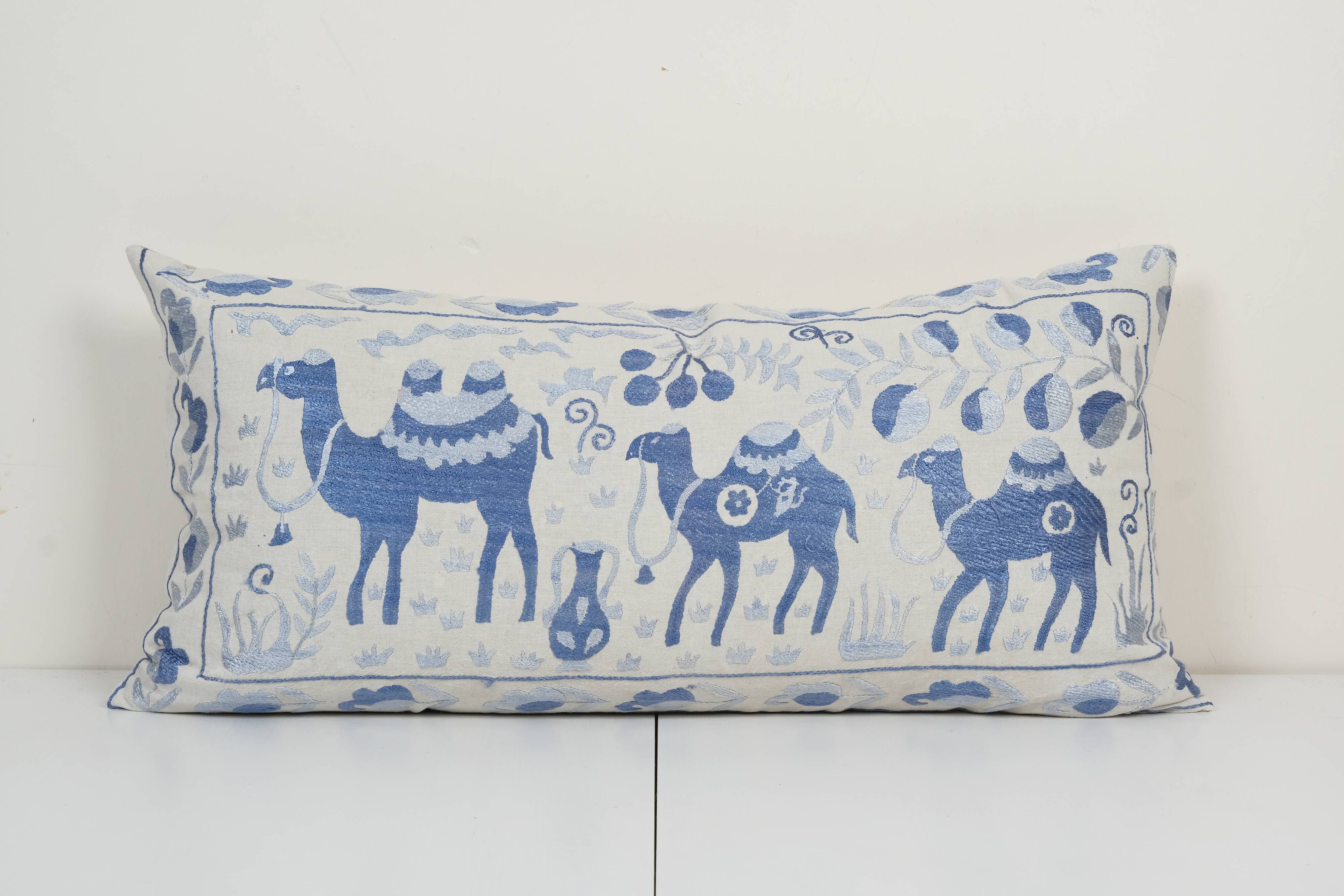 16" x 32" Extra Long Lumbar Cushion Kingsize Suzani Pillow Cover, Animal Tribal Bedding Pillow Cover