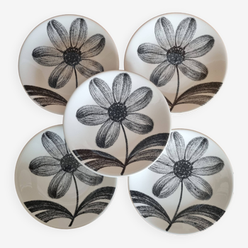 Ensemble de 5 assiettes plates en faience de gien motif fleur noire années 70