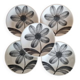 Set of 5 flat faience plates from gien black flower pattern 70s