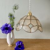 Vintage pendant lampshade in white and blue mother-of-pearl and brass
