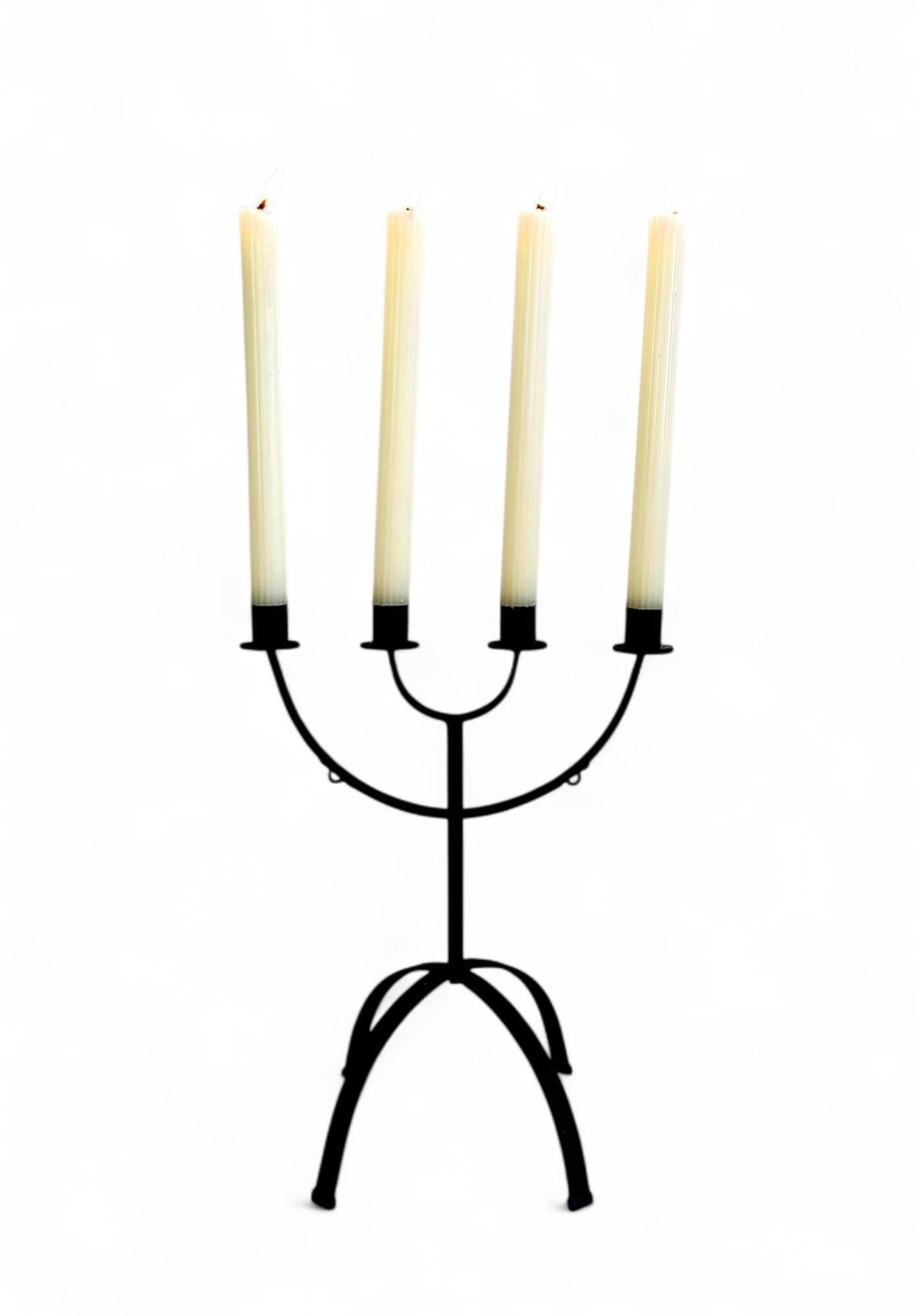 Mid-Century Minimalistic Black Wrought Iron Menorah Candelabra