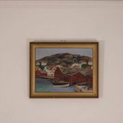 Huile sur panneau suédoise originale du milieu du siècle – ville côtière