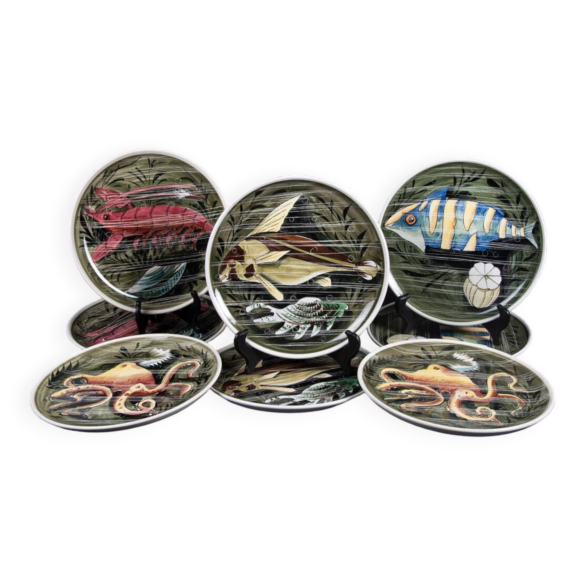 Fish and shellfish plates ceramic Italy vintage 1970 x8