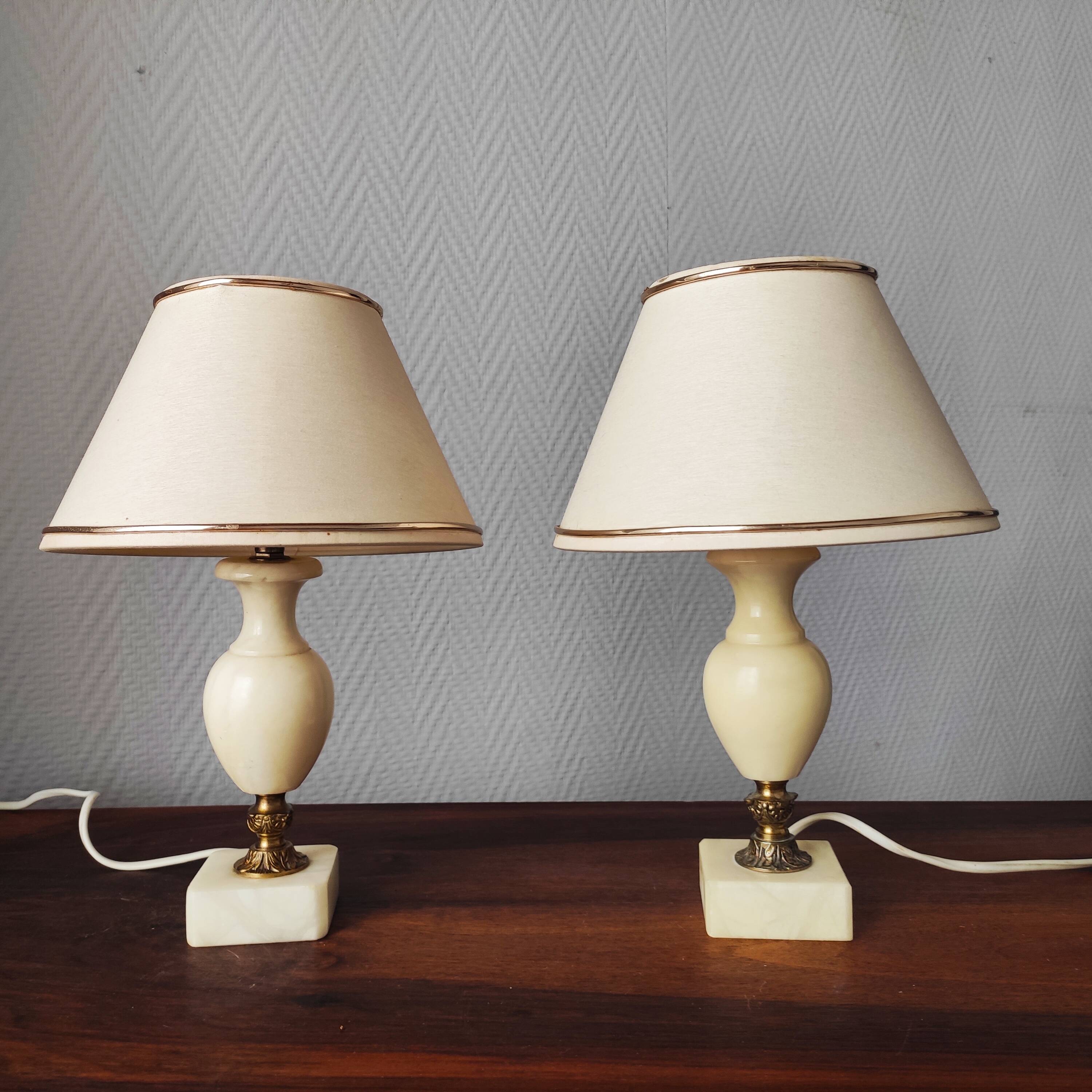 Pair of antique alabaster bedside lamps