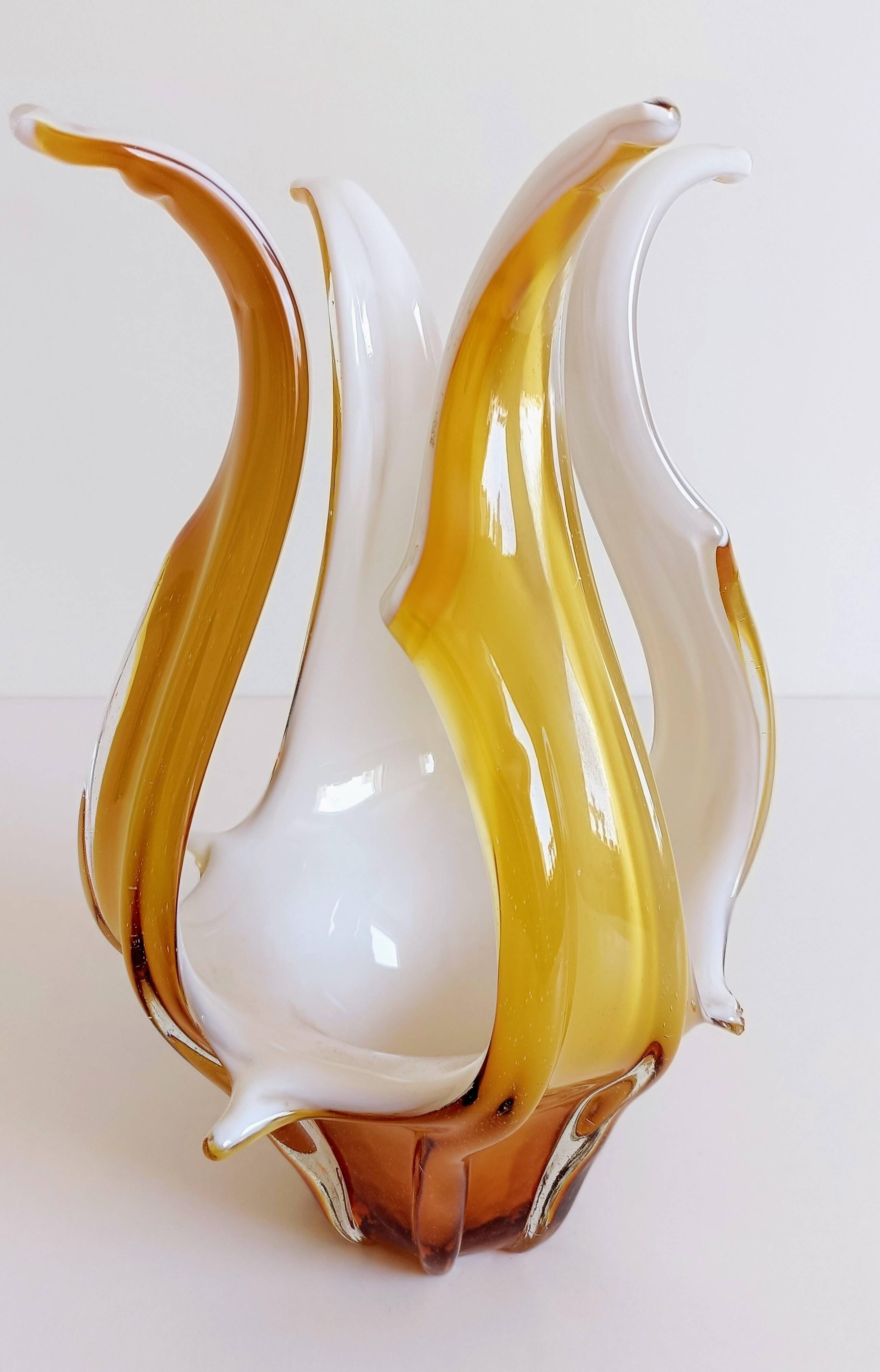 Mid-Century Modern Murano Glass Vase, Amber & Opal, Italy, 1960s