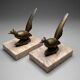 Art Deco bookends with birds – patinated metal and pink marble