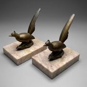Art Deco bookends with birds – patinated metal and pink marble