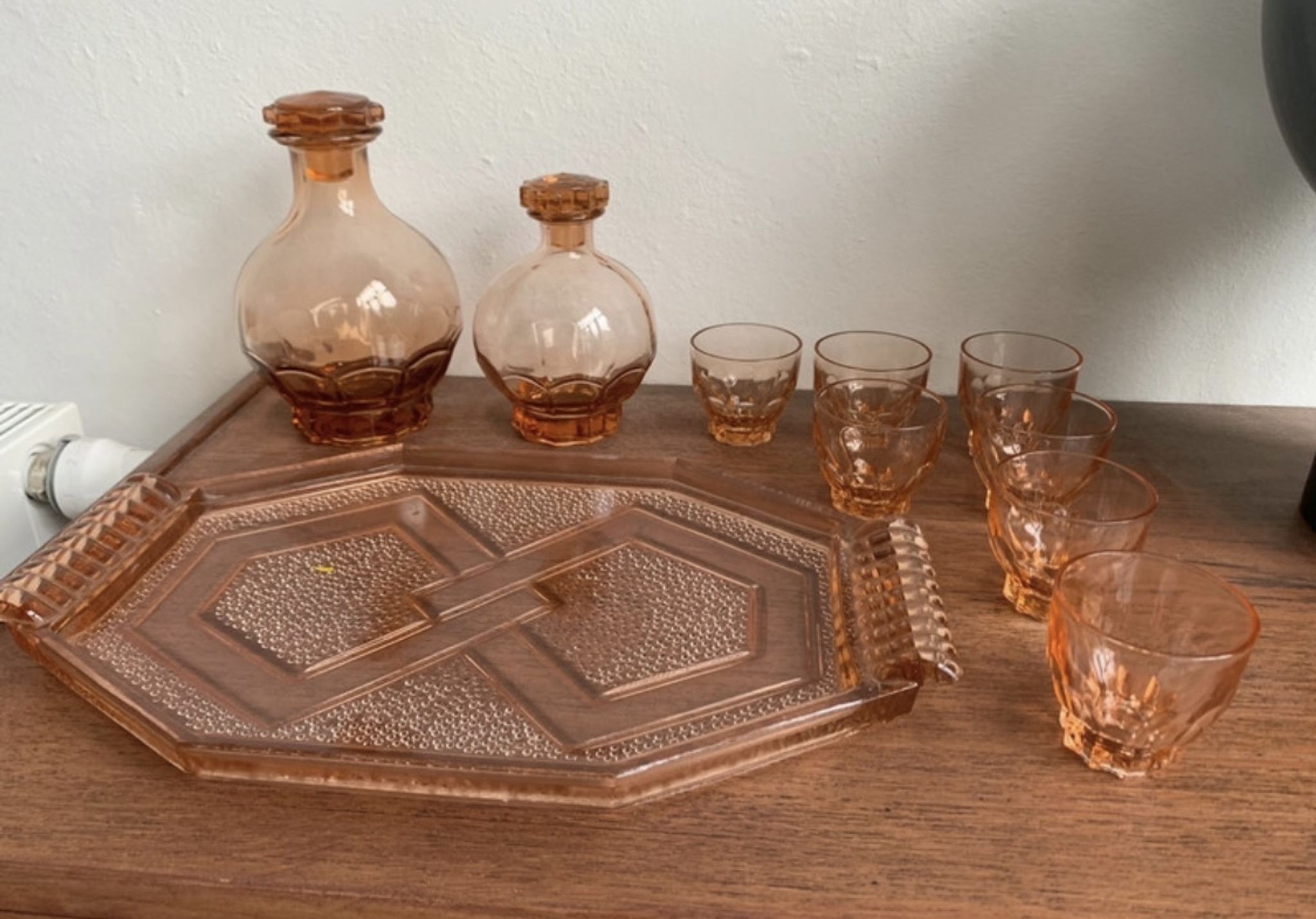 Vintage pink glass liqueur set
