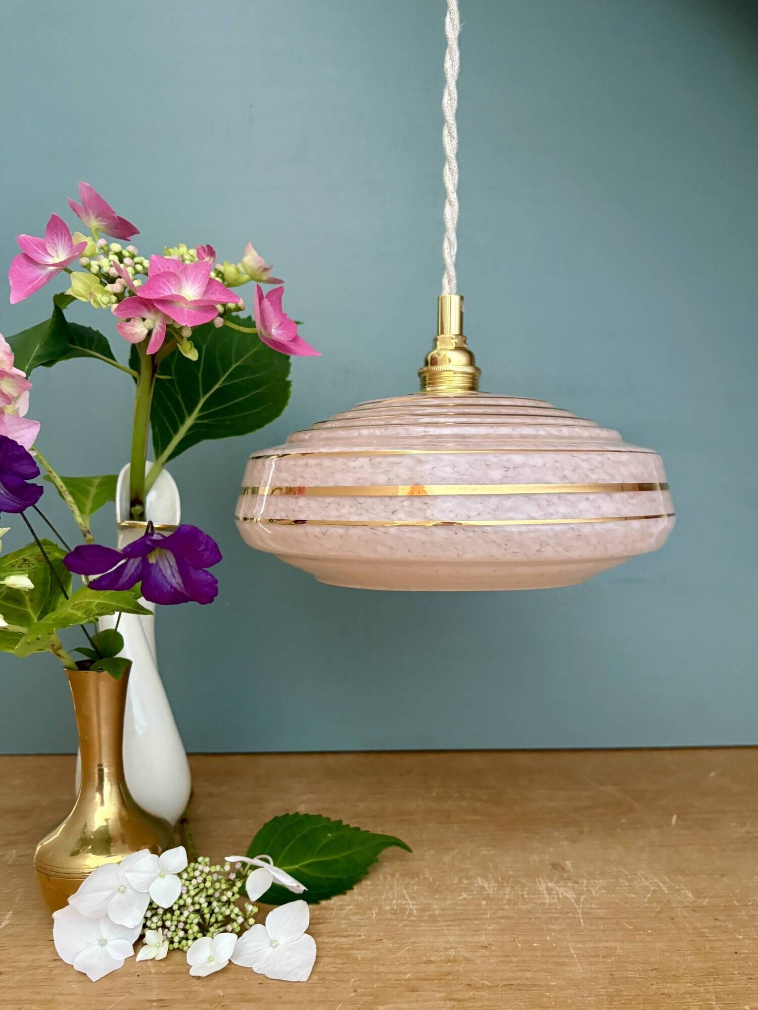 Vintage pendant lampshade in pink Clichy glass with gold trim