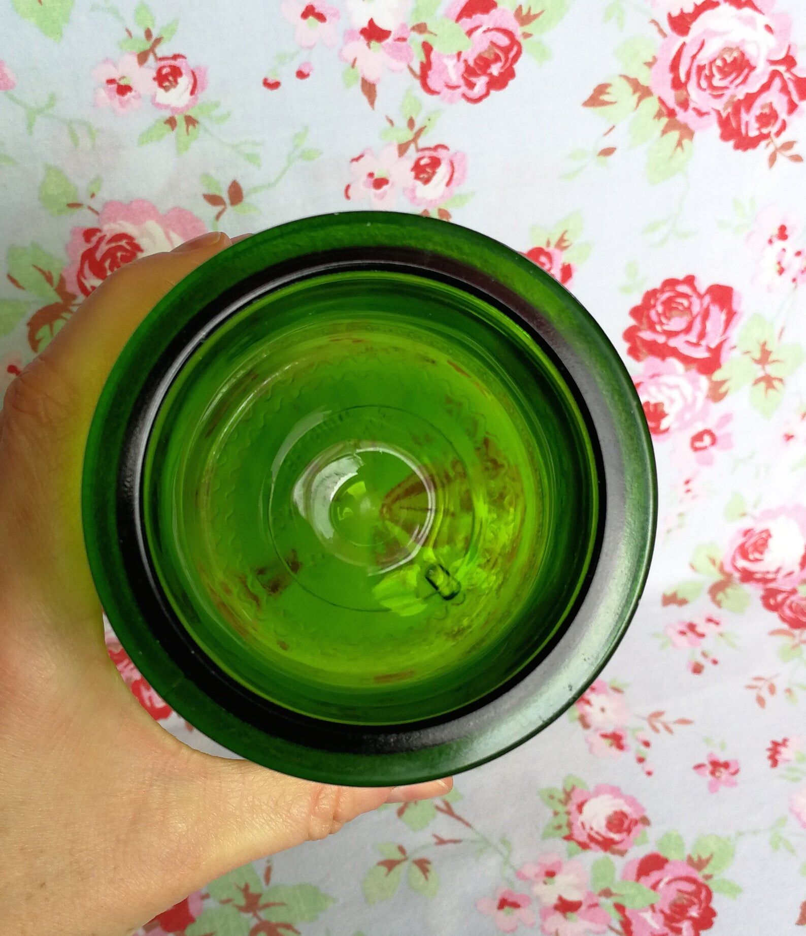 Green glass apothecary flask and golden edars old pot