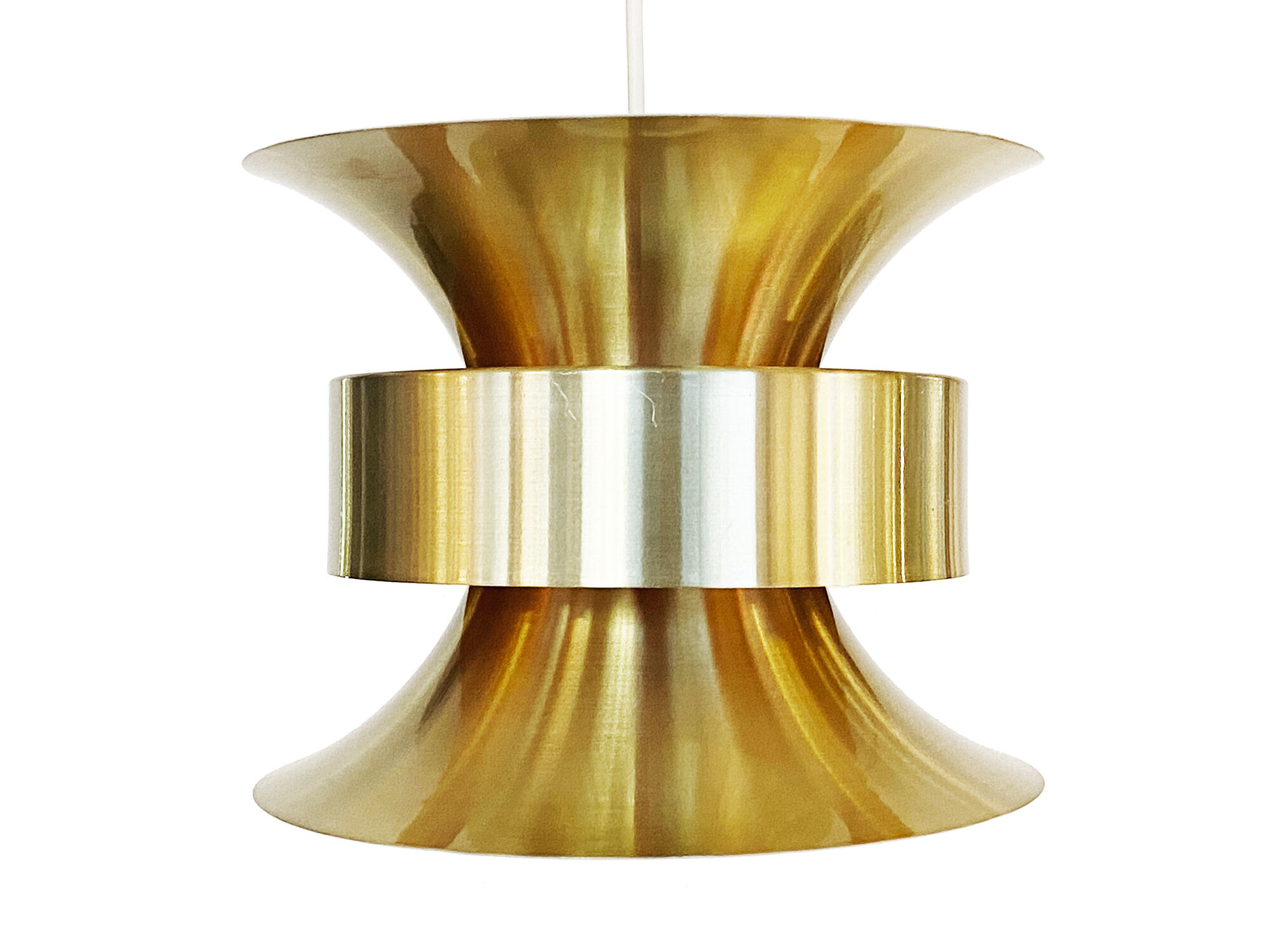 Pendant light in golden brushed aluminum by lyskaer belysning. denmark 1970s