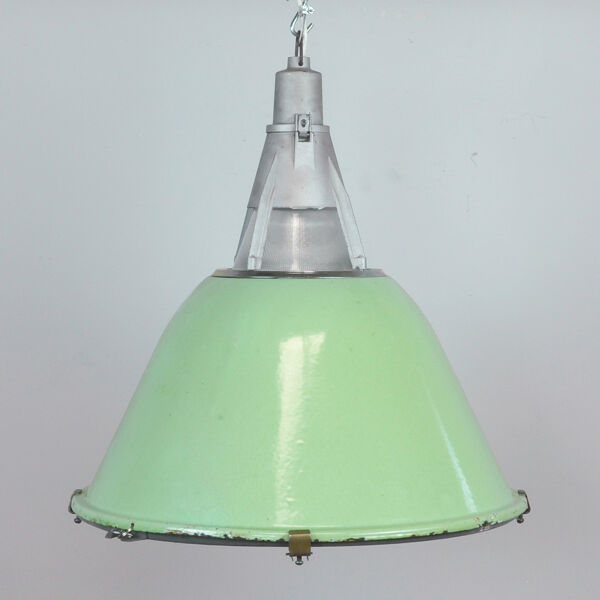 Green Enameled Industrial Pendant Light, 1950s
