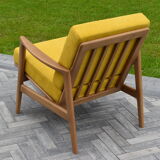 Scandinavian armchair, yellow fabric, natural wood