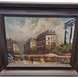Vintage Oil Painting With Parisian Flower Market Frederic, 1970s
