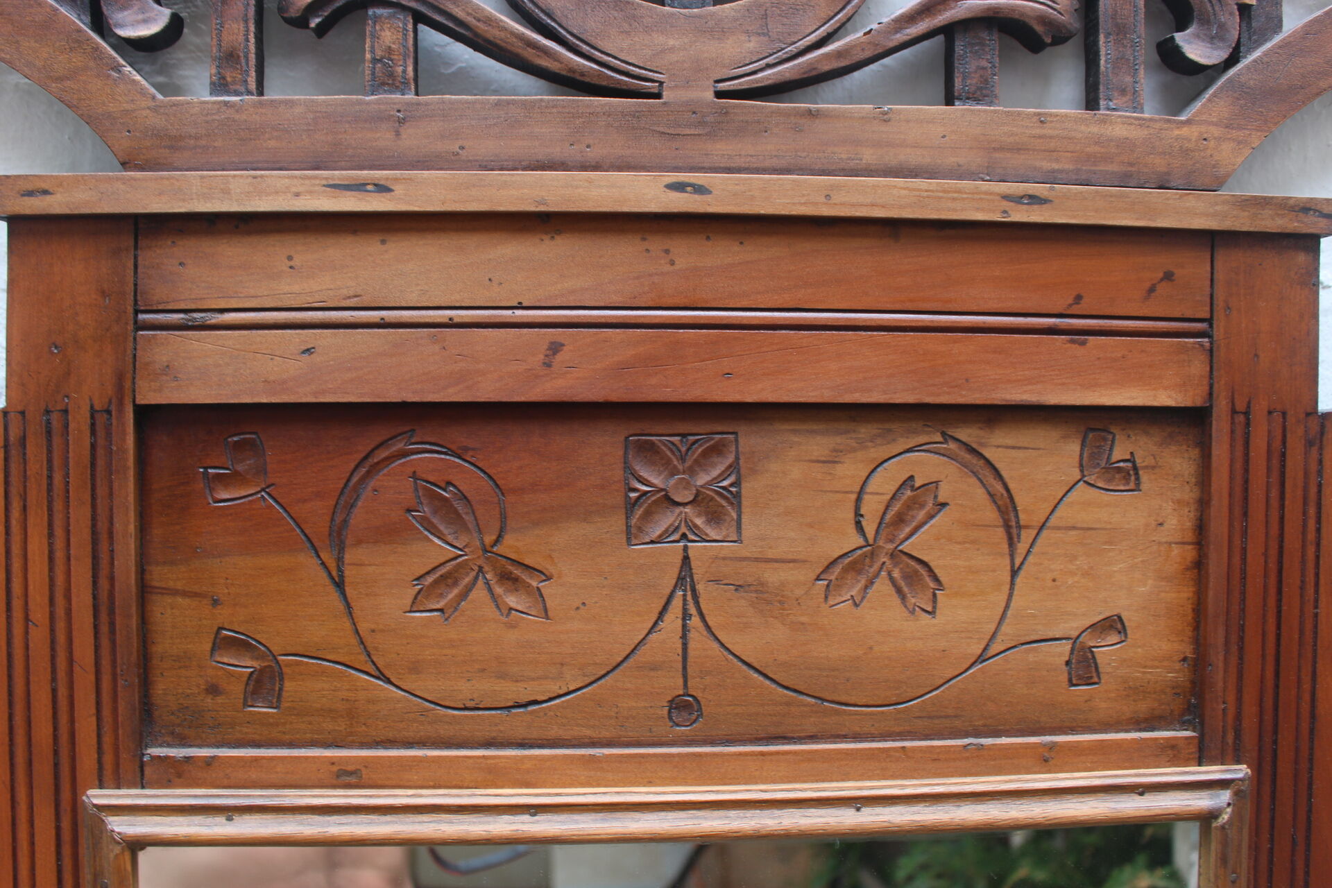 Art nouveau entrance cherry tree wood coat rack with mirror 1890s