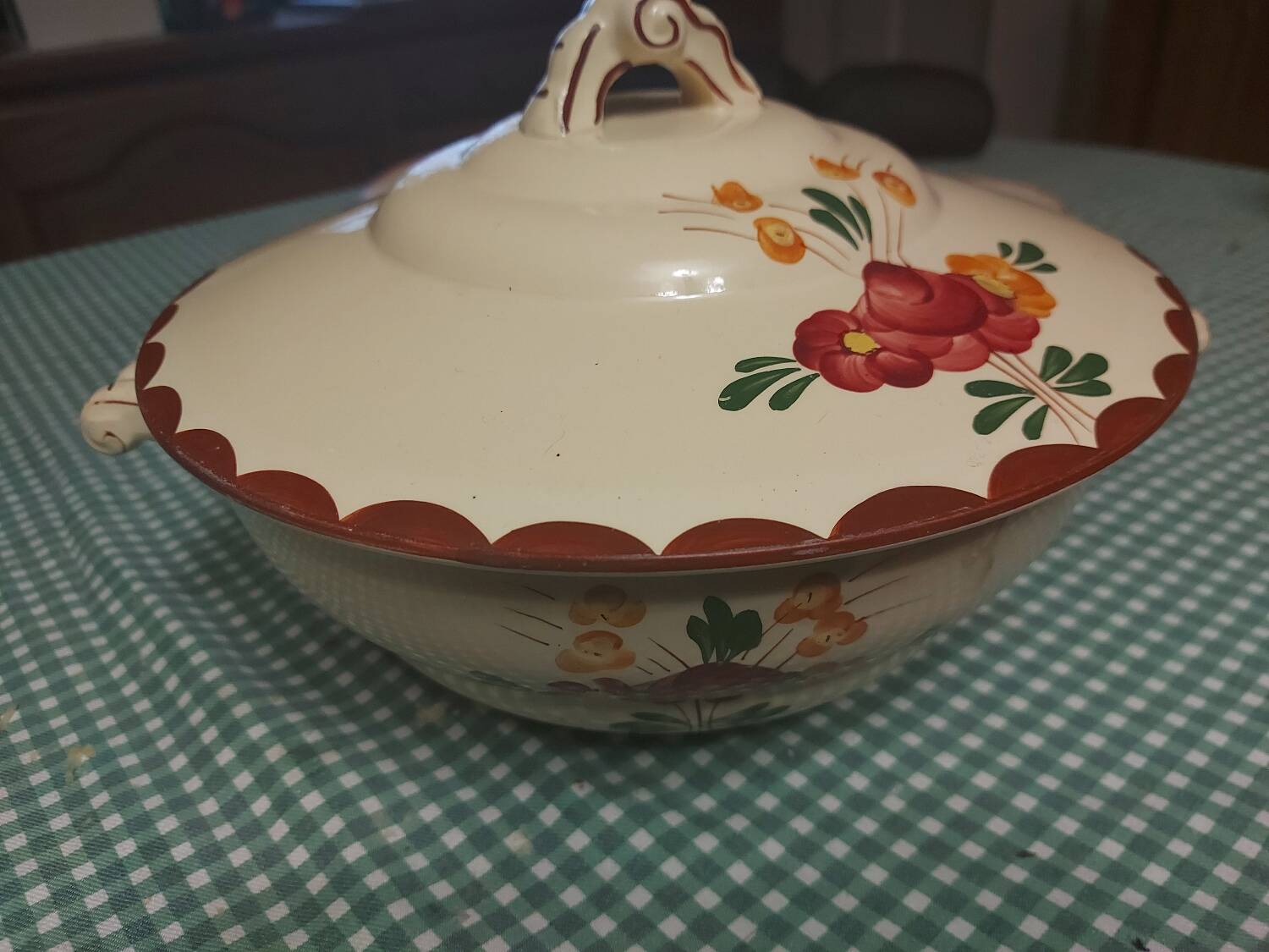 Vintage Longchamp earthenware soup tureen, dish and dessert plate set