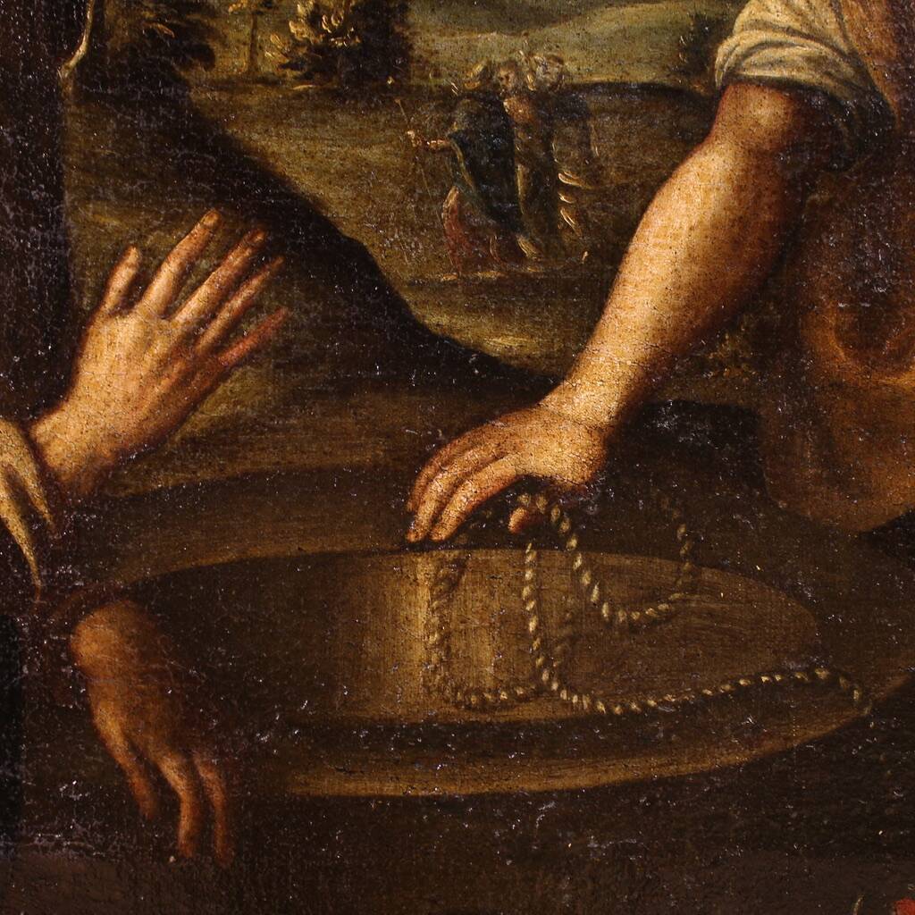 Peinture italienne antique Le Christ et la Samaritaine au puits