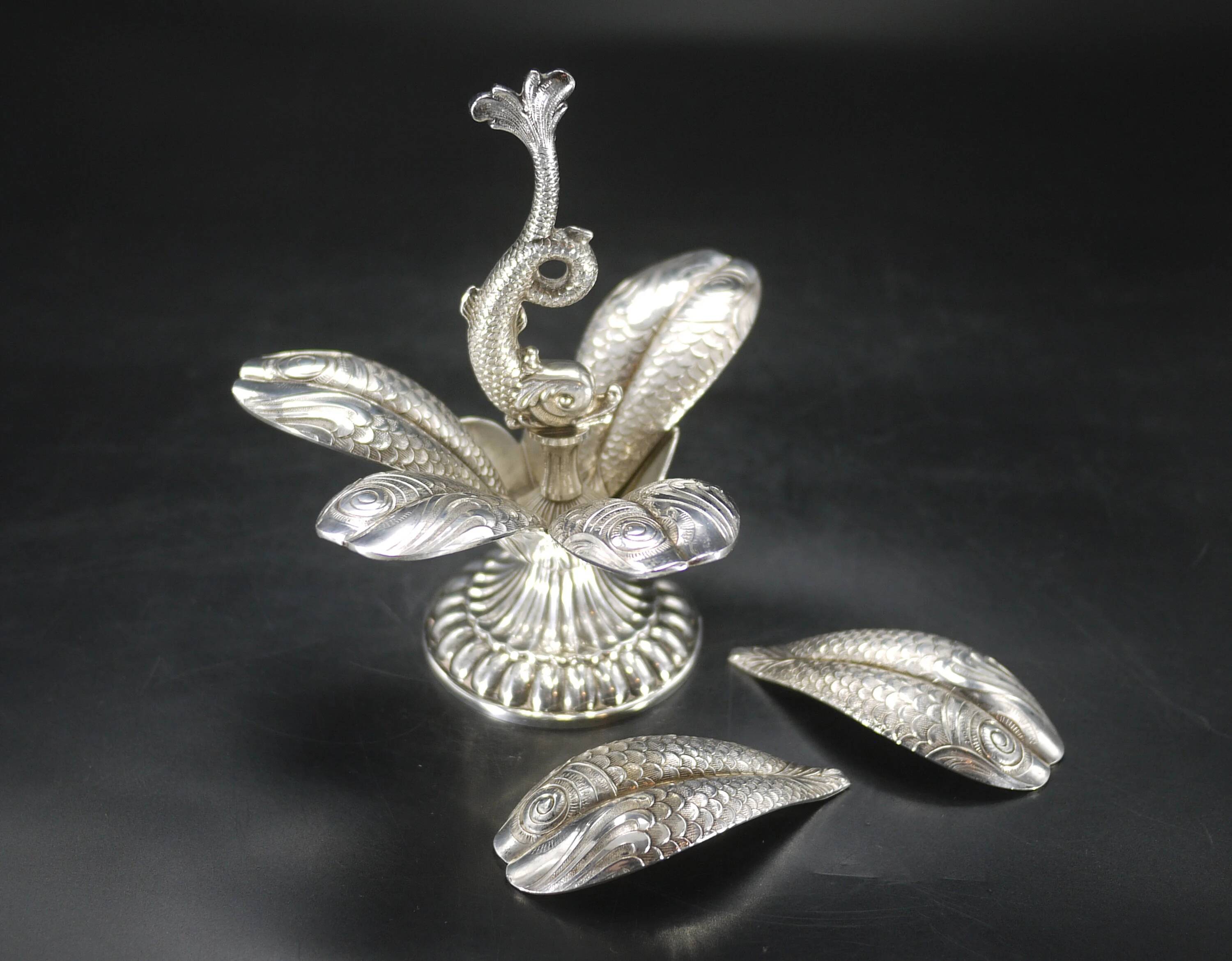 Vintage Christofle caviar spoon set Fleuron dolphin decoration