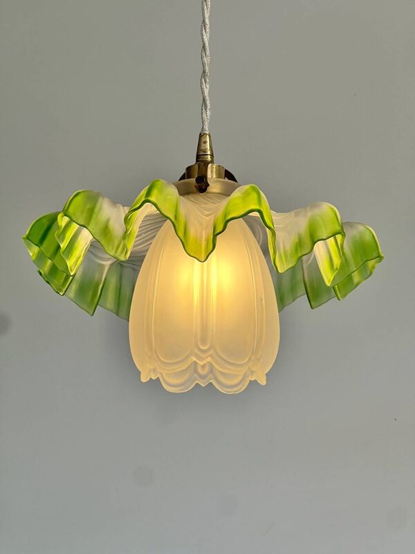 Suspension vintage opaline plissée verte et tulipe verre art déco