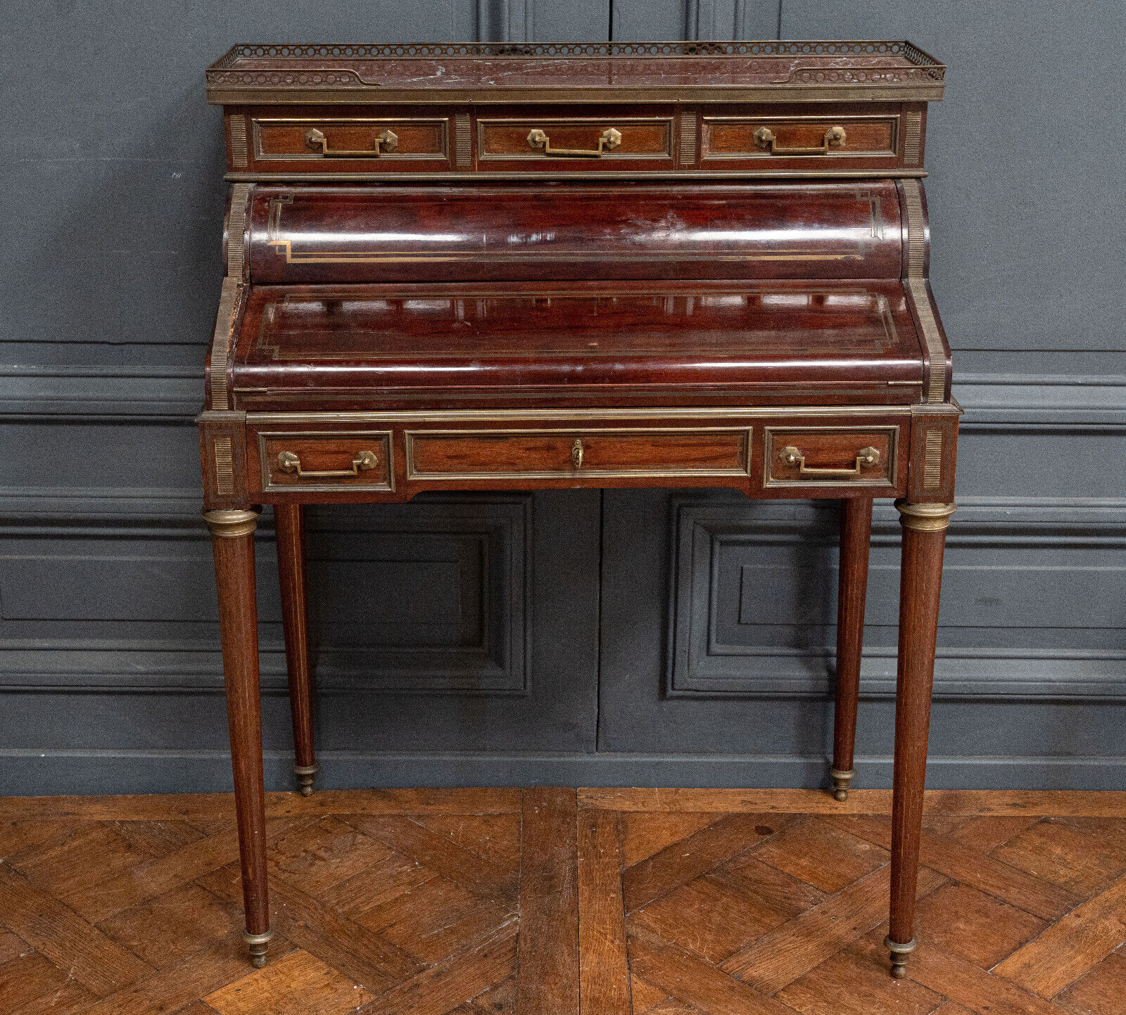 Mahogany cylinder desk nineteenth style Louis XVI red marble