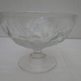 vintage cut on transparent glass/crystal stand, frosted rose patterns in relief