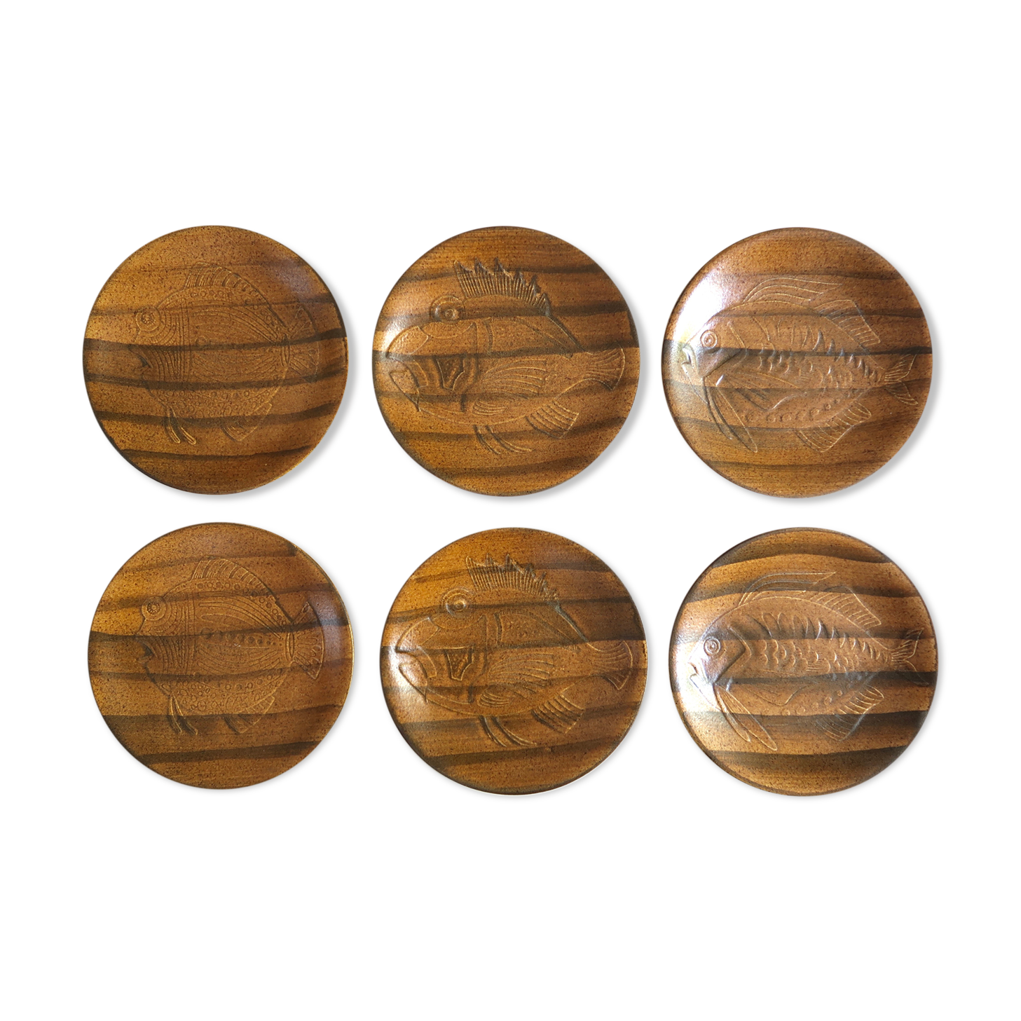 Set of 6 Longchamp plates with fish decor, 70s