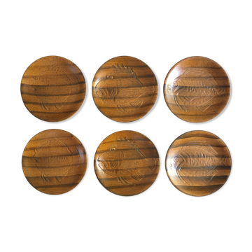 Set of 6 Longchamp plates with fish decor, 70s
