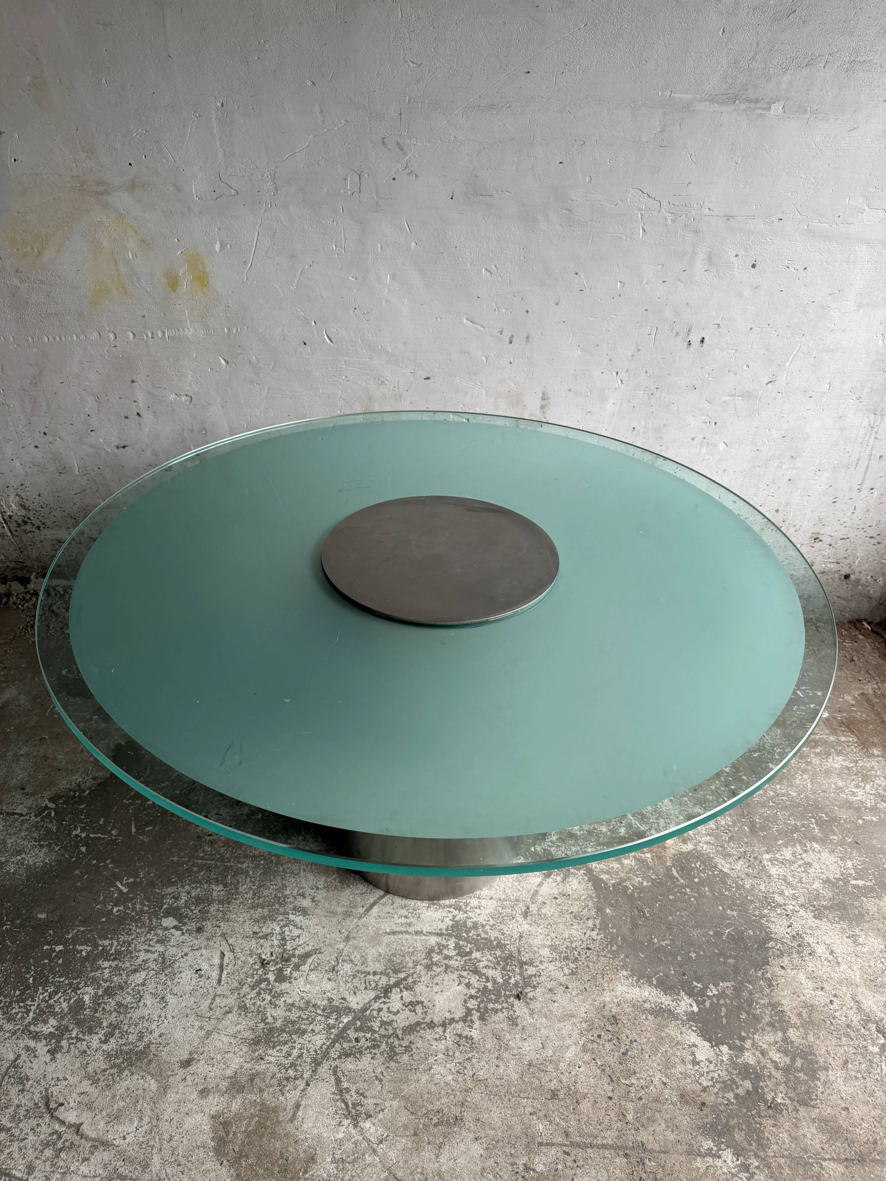Translucent Frosted Glass Round Dining Table with Brushed Stainless Steel Pedestal — Industrial 1990s