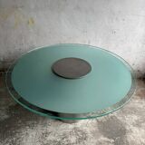 Translucent Frosted Glass Round Dining Table with Brushed Stainless Steel Pedestal — Industrial 1990s