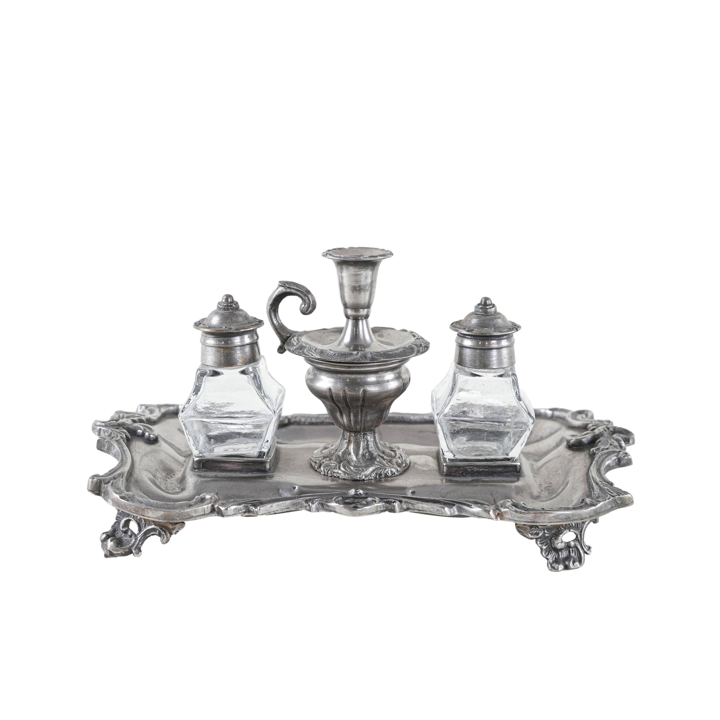 Decorative Art Deco table set – metal tray with glass flacons, European craftsmanship