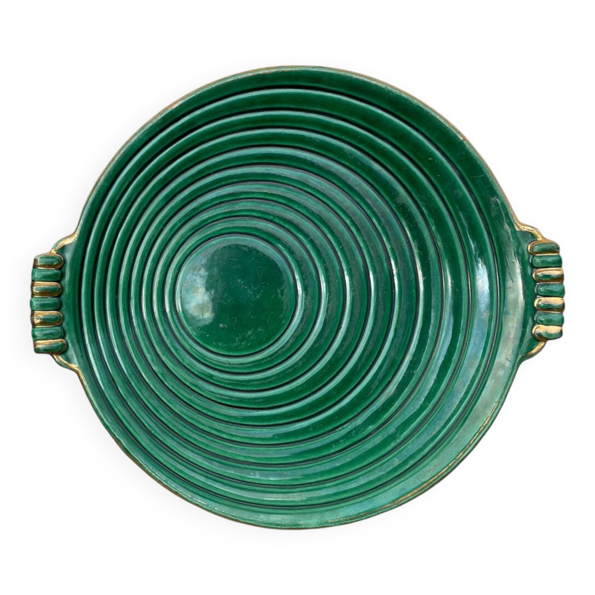 Round art deco green ceramic dish