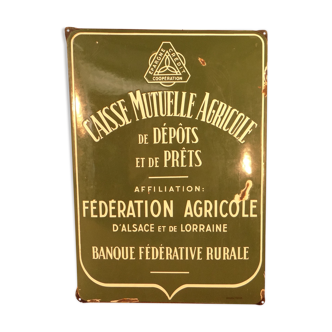 Enamel plate, green "Mutual Agricultural Credit" advertising sign