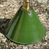 Pair of vintage industrial retro conical enamelled sheet metal pendant lights