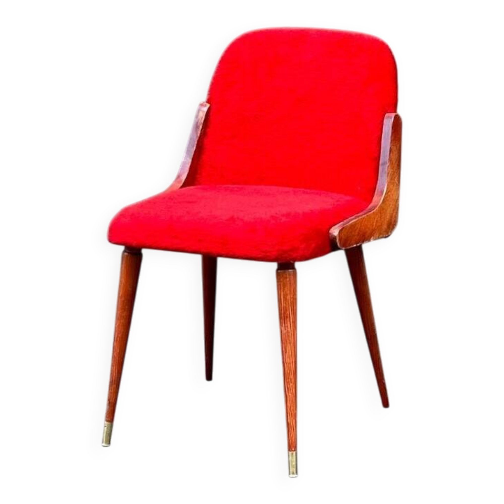 chaise années 60 en fausse fourrure et bois vernis