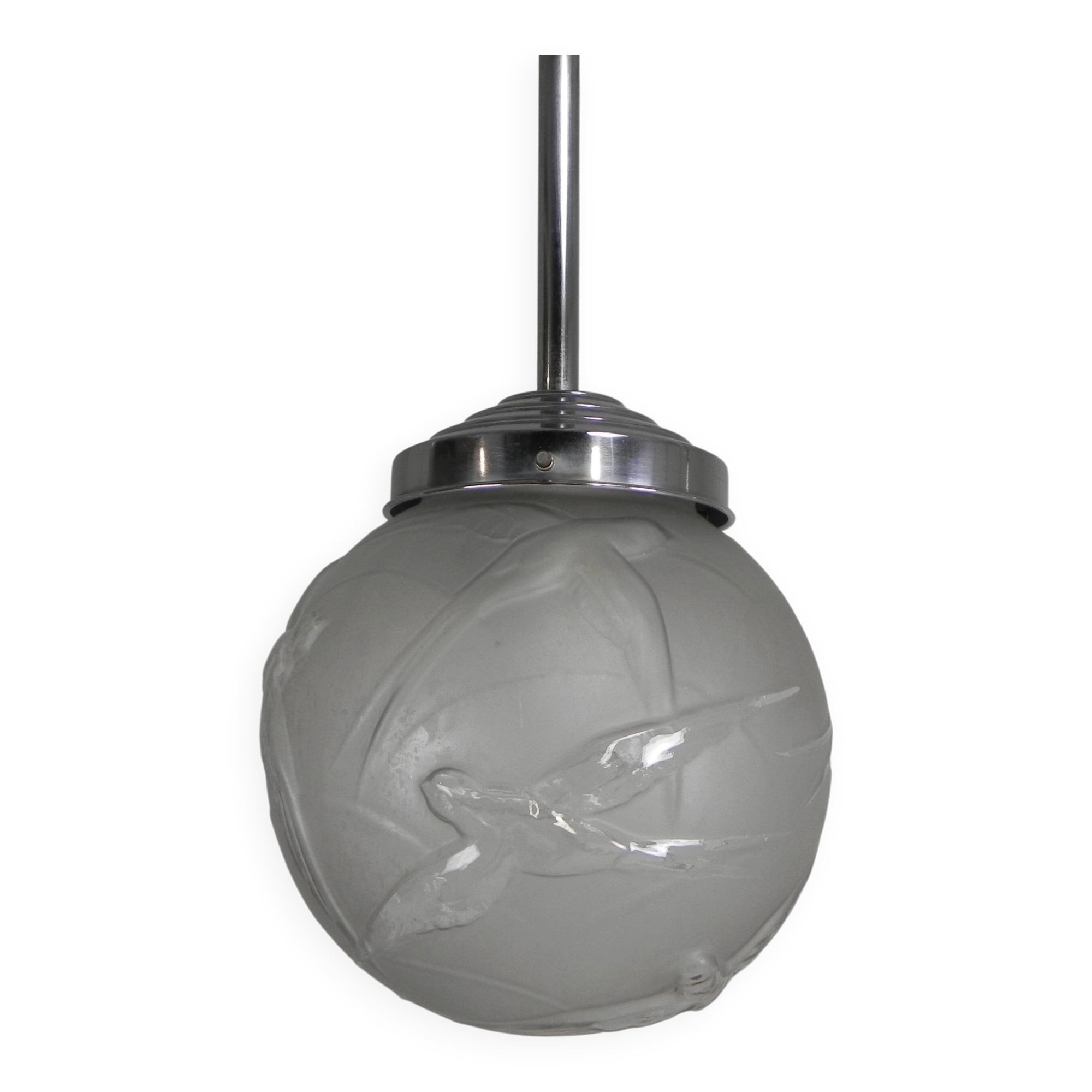 Art Deco pendant light with engraved glass globe and birds, 1930s