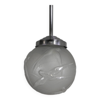 Art Deco pendant light with engraved glass globe and birds, 1930s